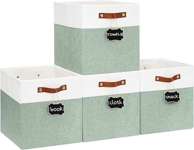13x13 Storage Cubes 4-Pack, Large Foldable Fabric Cube Storage Bin with Reinforced Bottom and Labels, Organizer Baskets for Shelves, Closets(White/Green)