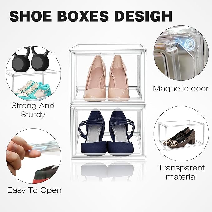 1 Pack Drop Front Acrylic Shoe Boxes with Magnetic Door Size 12, Clear Stackable Shoe Organizers Sneaker Display Cases for Closet, Entryway, Underbed, Multiple Display Cases for Caps, Figures