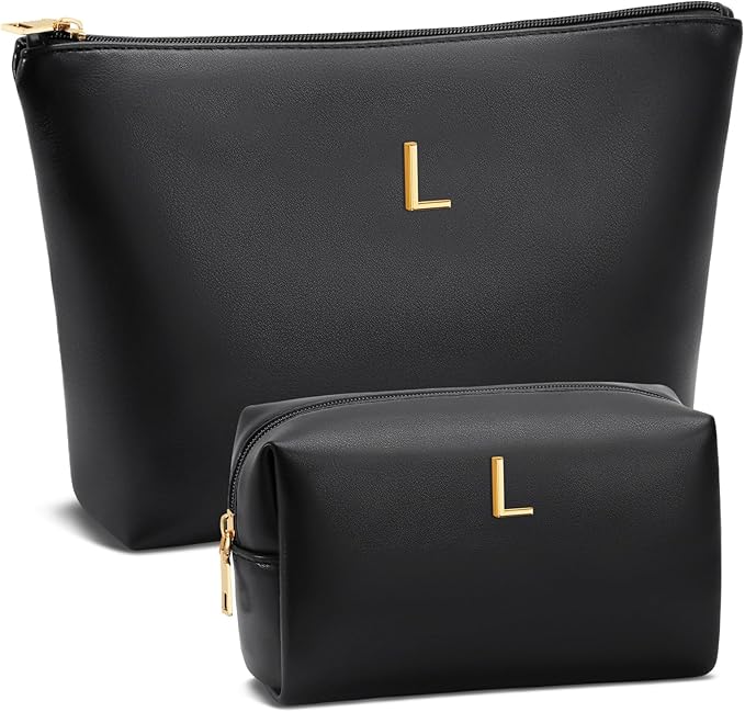 Valentine's Day Gifts for Women Girlfriend Initial Makeup Bag for Teen Girls Personalized Gifts for Friend Teacher Mom Wife Cosmetic Travel Toiletry Bag(Black,L)
