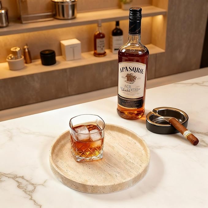 Natural Travertine Vanity Tray – Round Beige Marble Tray for Bathroom, Jewelry, Candle, Perfume, Nightstand & Kitchen Decor, 10 Inch Wabi-sabi Style Decorative Stone Catchall Organizer