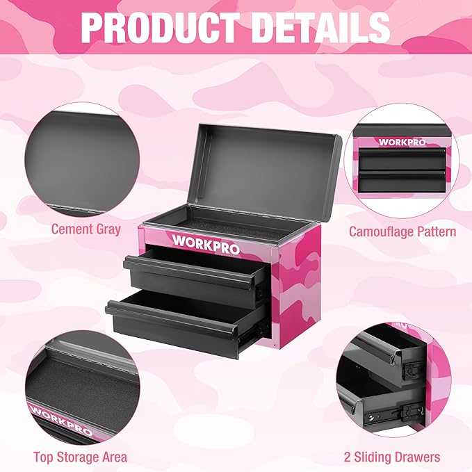WORKPRO Metal Mini Tool Box, Top Tool Chest containing Two Drawers with Ball Bearing Slides, PVC Drawer Liners and PP Feet Pads, Cold Rolled Steel Small Toolbox for Multi-Purpose Storage - Pink Ribbon