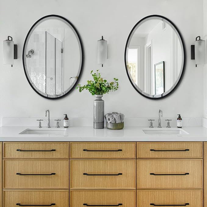 POZINO Matte Black Oval Beveled Mirror, 20"x28" Bathroom Mirror for Over Sink, Modern Rounded Vanity Wall Mirrors for Bedroom Living Room Entryway Fireplace, Wall Mount Hangs Horizontal Or Vertical