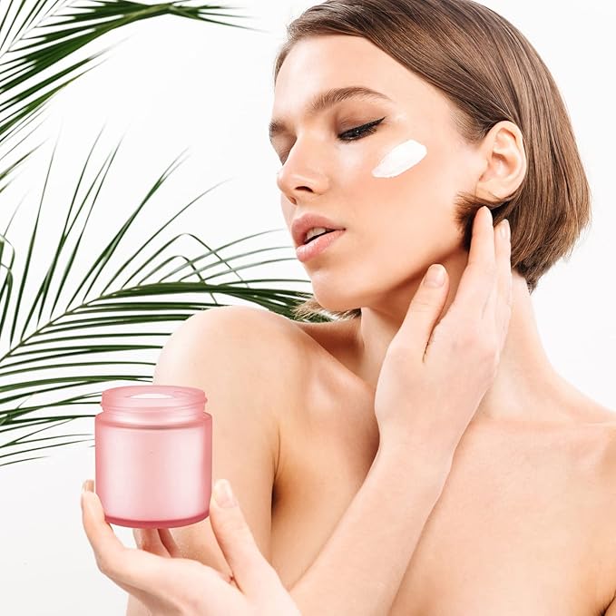 4OZ Glass Jars with Lids, Hoa Kinh Small Glass Jars, 12 Pack Empty Round Canning Storage Jars Containers for Storing Lotions, Powders, and Ointments (4oz-12Pack-Frosted Pink)