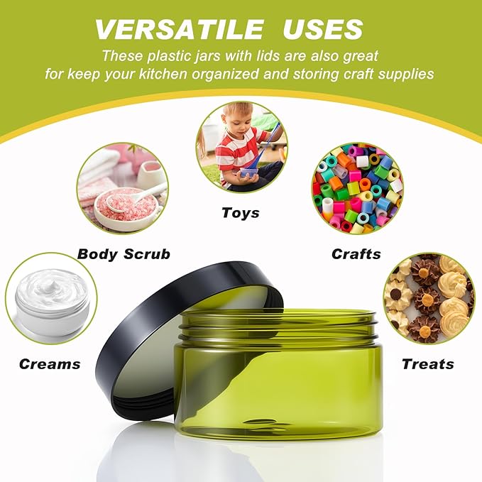 Dandat 24 Pcs 8 oz Plastic Jar Container with Lid and Label Refillable Empty Round Green Pet Cosmetic Sample Slime Containers for Lotion, Cream, Ointments, Body Butter, Makeup, Travel Storage
