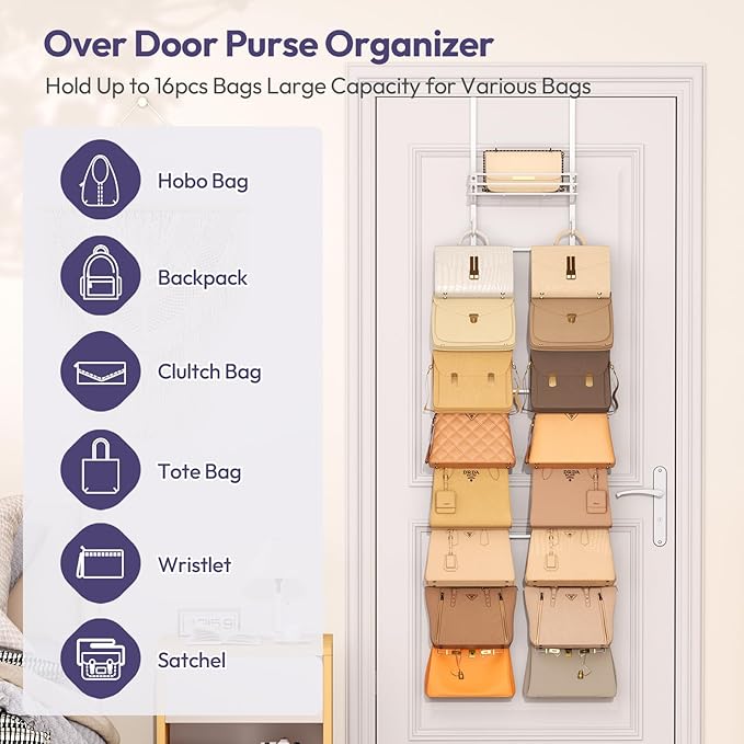 SWTYMIKI Over the Door Purse Organizer - Wall Mounted Handbag Organizer with 16 Hooks and Metal Basket, Hanging Purse Storage Rack Holds up to 16 Bags, Bag Rack Can Use As 1/2 Part, for Door, Closet