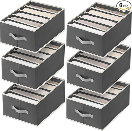 Clothes Organizers and Storage - Fabric Jeans Organizer with Handles, Foldable Drawer Dividers for Clothes, Closet Shelf Organizer for Shirts, Bra, Sweater, Scarf, 6 Pack, Dark Grey