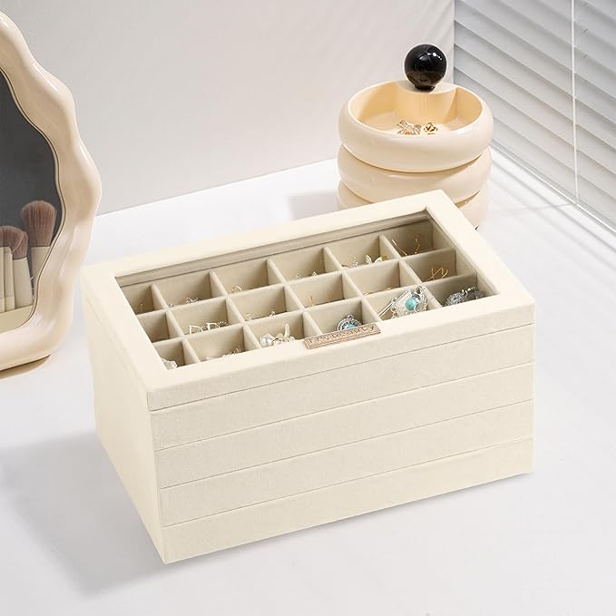 Frebeauty Stackable Jewelry Trays,Velvet Jewelry Organizer for Drawer,5-in-1 Jewelry Storage Box with Lid,Vanity Jewelry Display for Earrings Necklaces Rings,10.5 x 6.5 x 5.55 Inches,Gift for Women
