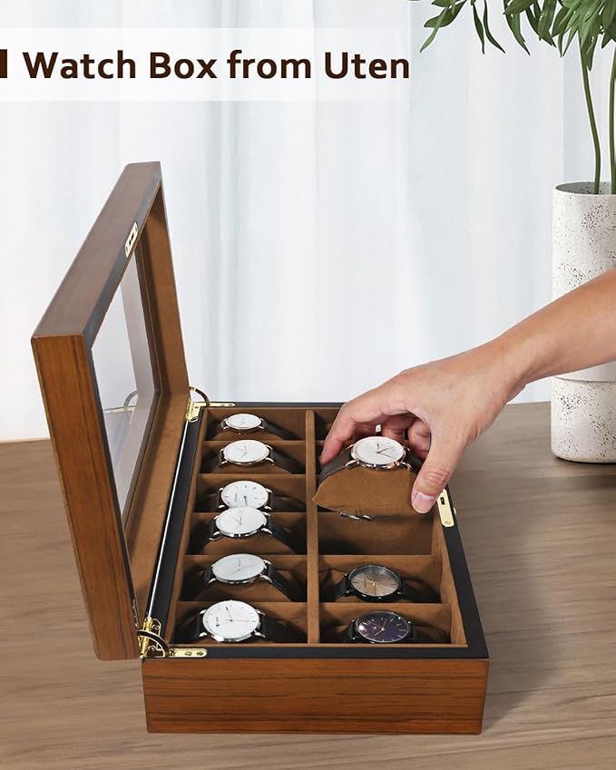 Uten Watch Box with 12 Slots, Watch Case Organizer with Golden Lock and Key, Wooden Watch Display Storage Box with Removable Watch Cushions, Velvet Lining, Metal Clasp