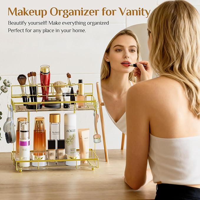 2 Tier Golden Bathroom Organizer Countertop, Small Countertop Organizer for Bathroom Decor, Kitchen Counter Shelf for Spice Rack and Snack, Vanity Makeup Organizers and Storage Tray for Bedroom