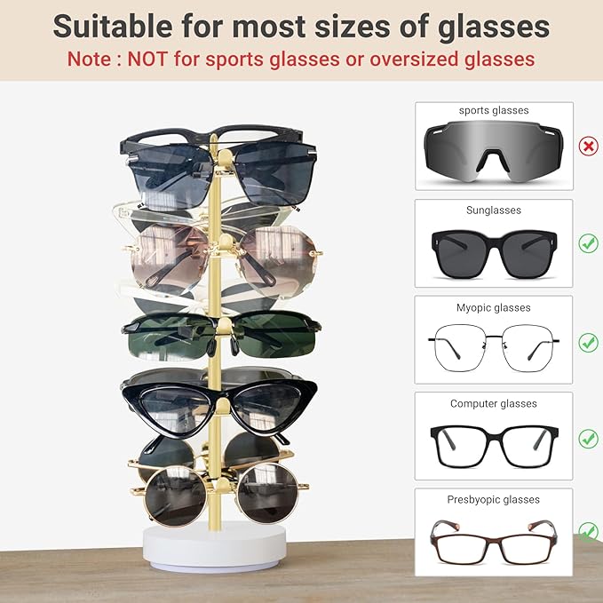 Mkono 360° Rotating Sunglasses Organizer Metal Eyeglass Holder Stand Sunglass Storage Display Eyeglasses Rack for up to 10 Pairs of Eyewear Glasses for Table Dresser Desk Countertop Bedroom, Gold