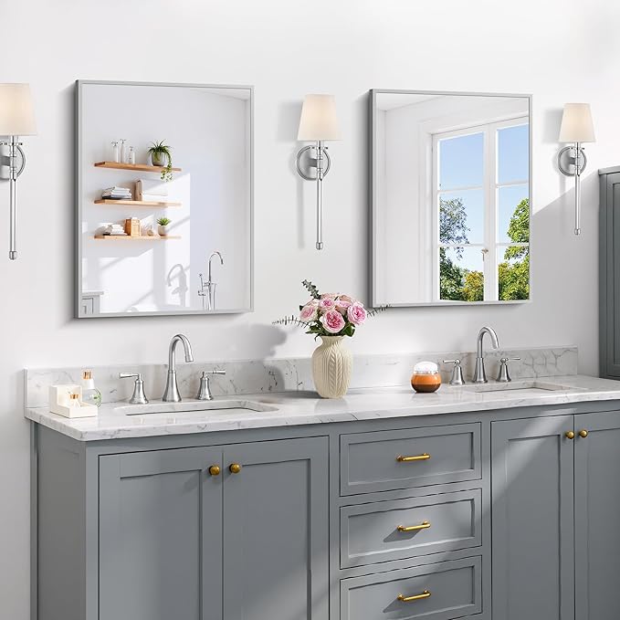 Silver Bathroom Mirror for Wall, 18x24 Inch Rectangle Mirror with Metal Frame, Modern Vanity Mirrors for Bathroom Living Room, Entryway Hangs Horizontal or Vertical