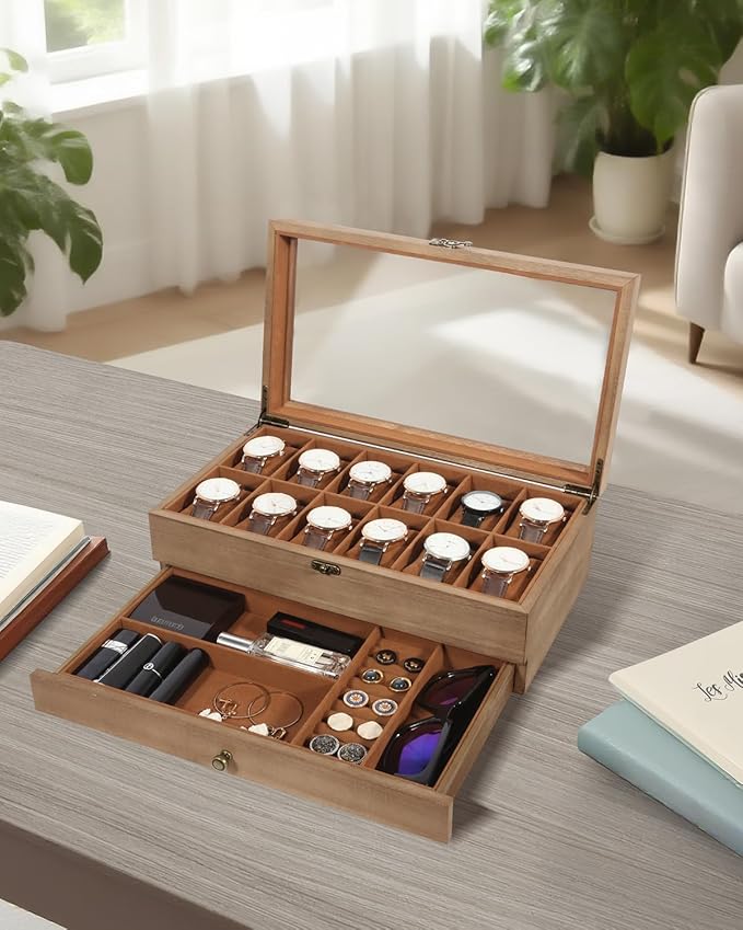 Uten 12-Slot Watch Box, 2-Layers Solid Wood Watch Display Case with Glass Lid, Watch Holder Organizer with Soft Pillow and Velvet Lining, Watch and Jewelry Storage Box, Brown