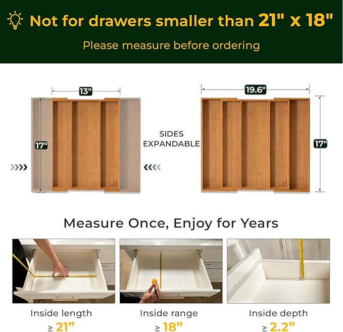 Carbonized Bamboo Kitchen Drawer Organizer, 5 Slots Expandable Silverware Organizer, Utensil Holder & Cutlery Tray, 2.2" Deep for Extra Capacity, Non-Slip Feet Included