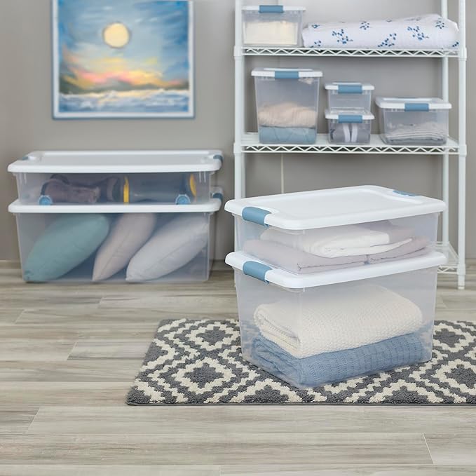 Sterilite 12-Pack Latching Box, Under Bed Storage Bins with Lids, Clear Plastic, 106 Quart - Heavy-Duty Organizing Containers for Closet, Bathroom, and Office