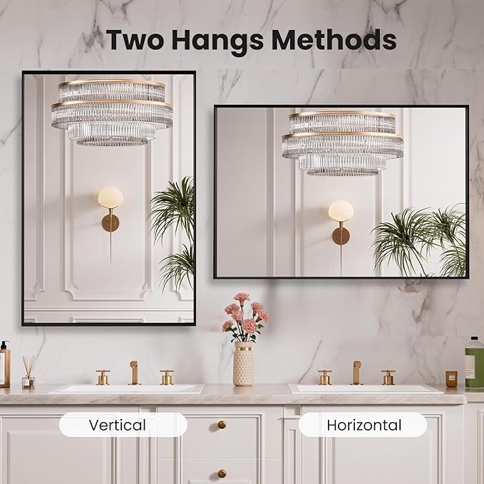 LOAAO Black Bathroom Mirror 32"X36" for Wall, Rectangle Bathroom Vanity Mirror, Tempered Glass, Hangs Vertically or Horizontally, Easy to Install, Modern Design