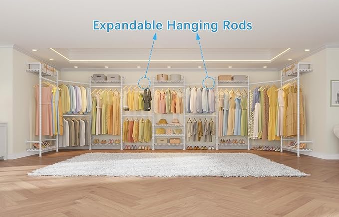 Timate L4 L Shape Garment Rack Heavy Duty Clothes Racks for Hanging Clothes, Expandable Industrial Pipe Clothing Rack Wall Mounted Closet Organizer Large Wardrobe Closet Kit Corner Closet System White