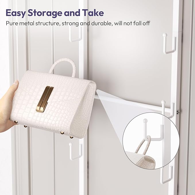 SWTYMIKI Over the Door Purse Organizer - Wall Mounted Handbag Organizer with 16 Hooks and Metal Basket, Hanging Purse Storage Rack Holds up to 16 Bags, Bag Rack Can Use As 1/2 Part, for Door, Closet