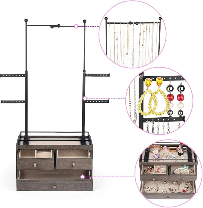 OLAKEE Jewelry Organizer - 2 Layer Wooden Jewelry Drawer Storage Box with 6 Tier Jewelry Tree Stand, Jewelry Display for Necklaces Bracelet Earring Ring Weathered Grey