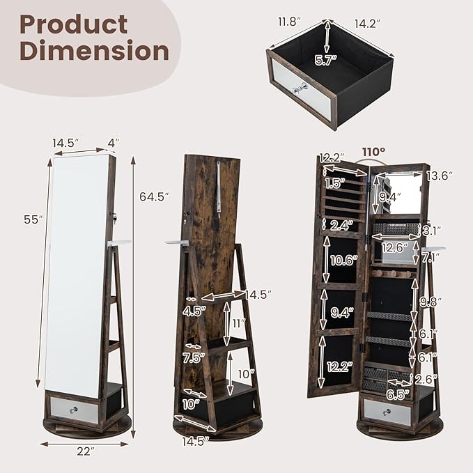 GOFLAME 360° Rotating Jewelry Cabinet with Full Length Mirror, Standing LED Mirror Jewelry Armoire, Lockable Jewelry Organizer with Hair Dryer Rack, Back Storage Shelves, Inner Makeup Mirror, Brown