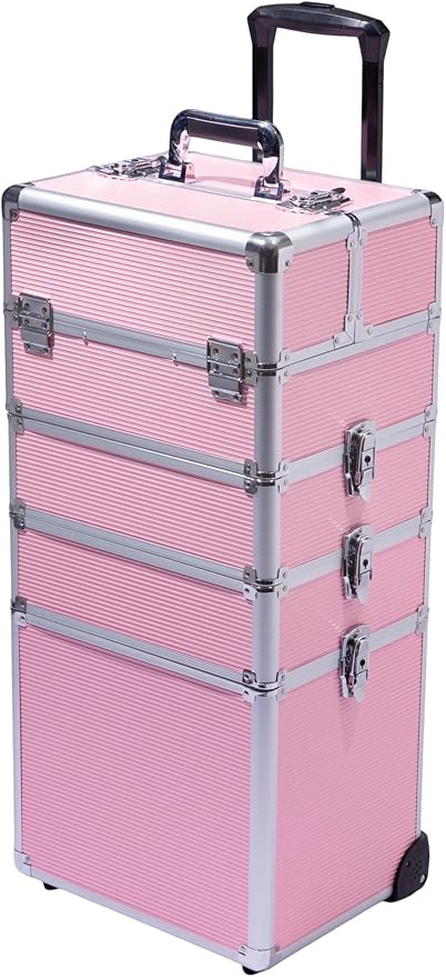 Makeup Rolling Train Case - Professional Cosmetics Organizer with Aluminum Frame, Folding Trays & Wheels, Portable for Travel & Studio (Pink)