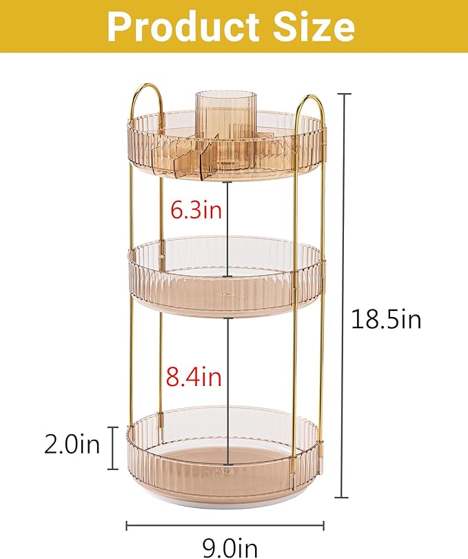 360 Rotating Makeup Organizer,3 Tier Large Capacity Make Up Organizers and Storage,Skincare Perfume Vanity Organizers,Bathroom Cosmetics Storage Organizer Countertop(Gold)