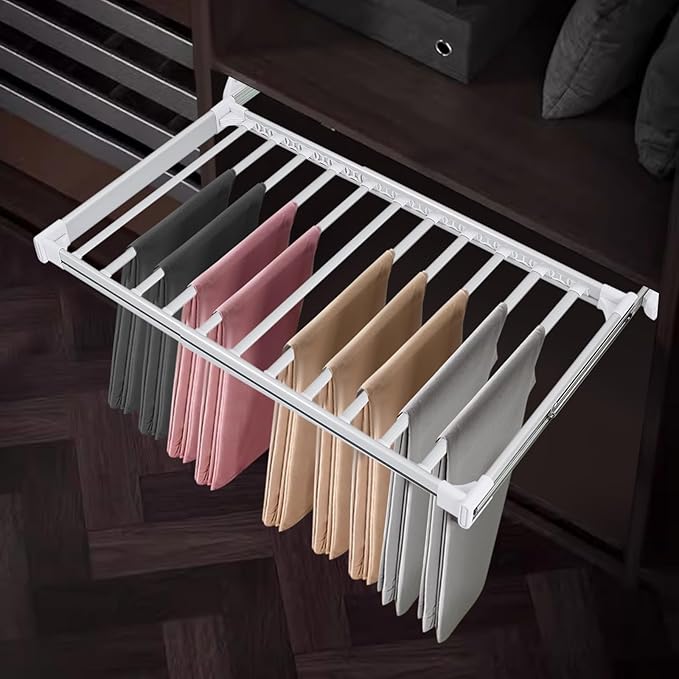 11 Arms Slide Out Pants Rack Closet Pants Hanger Bar Pull Out Trousers Rack Tie Belts Scarf Racks, Top Mounted Wardrobe Clothes Organizers Rail Pull Out Closet Storage Rod-Silver White