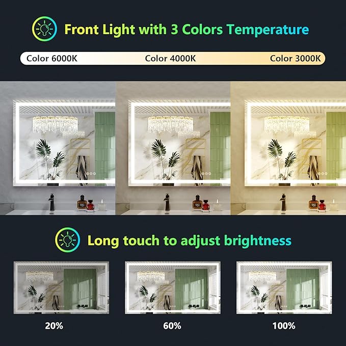 80x40 Inch RGB LED Bathroom Mirror Front Light and RGB Backlit Lighted Vanity Mirror for Bathroom Wall Mounted Dimmable Anti Fog Memory Shatter-Proof IP54 Waterproof Horizontal/Vertical