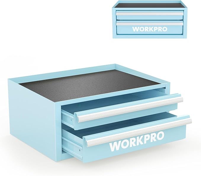 WORKPRO 12.5" Mini Tool Box with 2 Drawers & 1 Open Top Storage, Small Metal Tool Chest with PVC Liners & PP Feet Pads, Cold Rolled Steel Toolbox with Drawer Liners & Magnetic Tabs