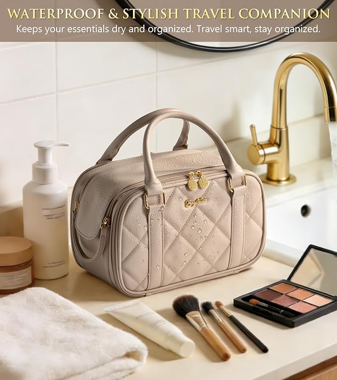 Travel Makeup Bag, Large Capacity Quilted Toiletry Bag for Women Stand-up Cosmetic Bag Open Flat Make Up Case Organizer Portable Pouch Purse w/Handle for Traveling Accessories, Pink