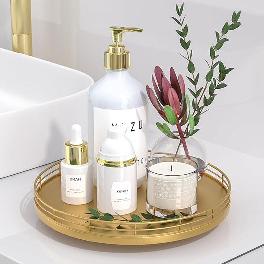 10" Gold Lazy Susan for Table Top, Oak Wood Lazy Susan Turntable Organizer for Dining Coffee Table Centerpiece Bar Decor Kitchen Countertop Bathroom Vanity Decorative Tray for Perfume Jewelry Round