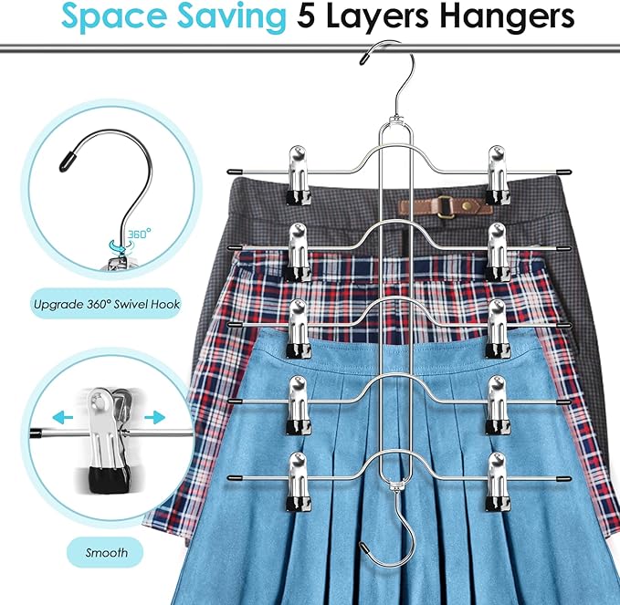 Skirt Hangers Space Saving for Woman, Jadkysarh 5 Tier Pants Organizer Hanger with Adjustable Clips Closet Organizer and Storage for Jeans, Leggings, Short - 2 Pack, Black
