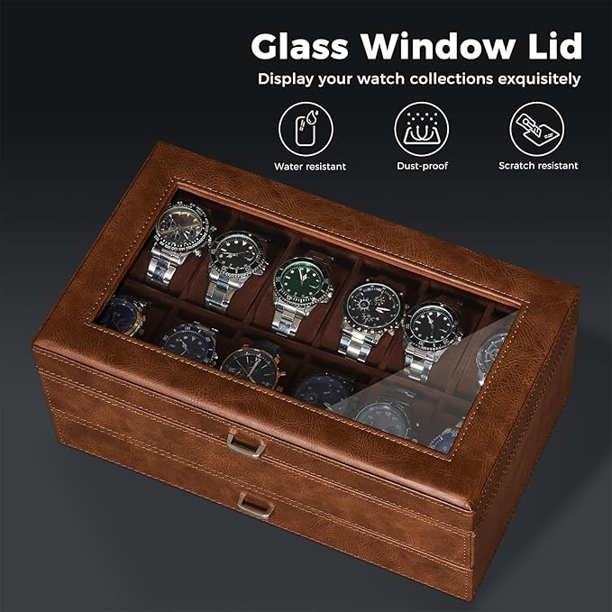 BEWISHOME Watch Box for Men, 12-Slot Watch Case, 2-Layer Watch Case With Drawer, Mens Jewelry Box with Large Glass Lid, Watch Display Case Watch Holder Organizer Watch Storage for Men Women Espresso