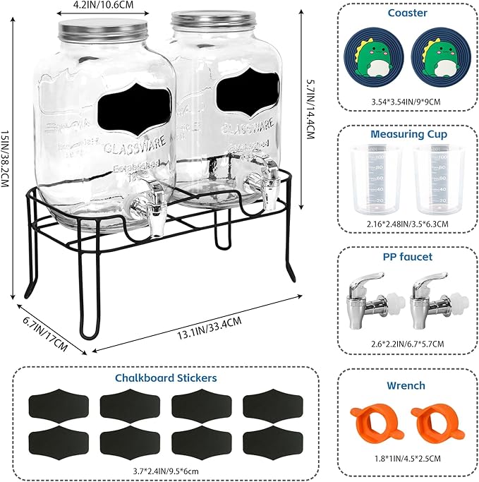 2-Pack 1.25 Gallon Glass Laundry Detergent Dispensers with Stainless Steel Faucets - Effortless Pouring, with Screw Lid, Stand, and Rubber Drip Mats for Fabric Softener & Laundry Soap