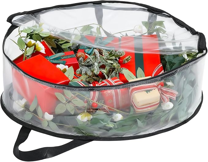 4 PCS Wreath Storage Bag Christmas Wreath Storage Container Waterproof Holiday Garland Clear PVC Container with Handle Heavy Duty for Xmas Holiday Seasonal Garland Black