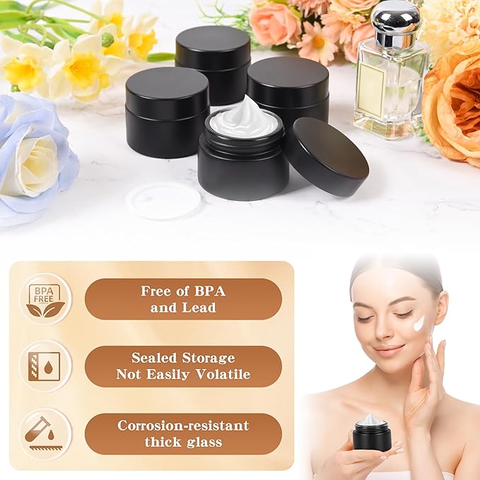 1 oz Glass Jars with Lids, Empty Cosmetic Jars, Airtight Containers with Inner Seal for Creams, Balms, Ointments, DIY Crafts, Salves (48 Pack, Black Frosted)
