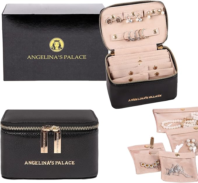 Angelina's Palace Snakeskin Pattern Jewelry Organizer Case Bridesmaid Gifts Travel Bag Vegan Leather Box for Necklace Earring Bracelet Ring(Black)
