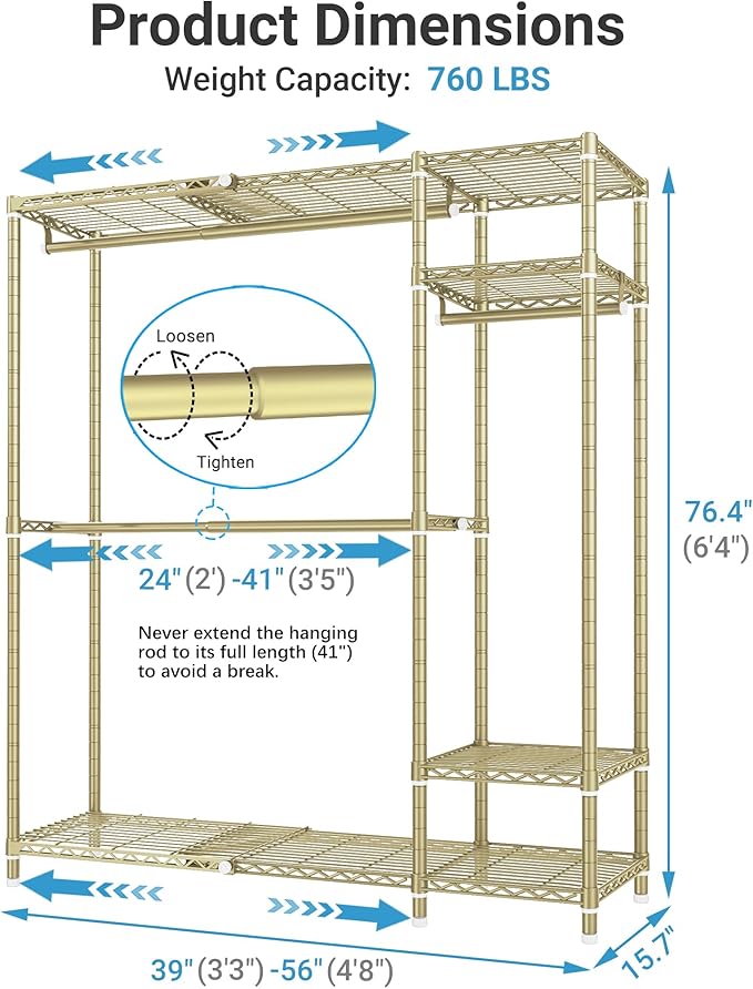 VIPEK X20 Expandable Metal Clothing Rack Adjustable from 3'3" to 4'8" Heavy Duty Garment Racks with Adjustable Shelves and Hanger Rods Portable Wardrobe Open Closet Rack System, Gold