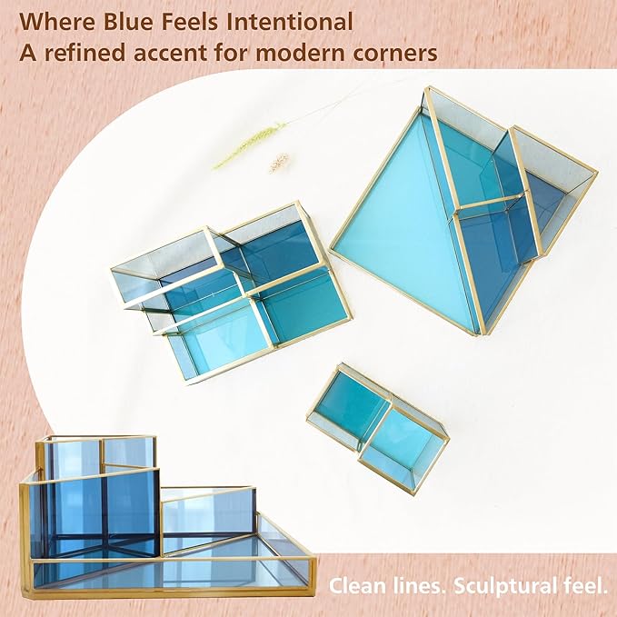 Gold & Blue Glass Desk Organizer - Elegant Office Decor, Aesthetic Makeup Brush Holder & Skincare Organizer, 4-Compartment Pen Holder, Pencil Cup, Vanity & Cosmetic Storage, Desk Accessories for Women