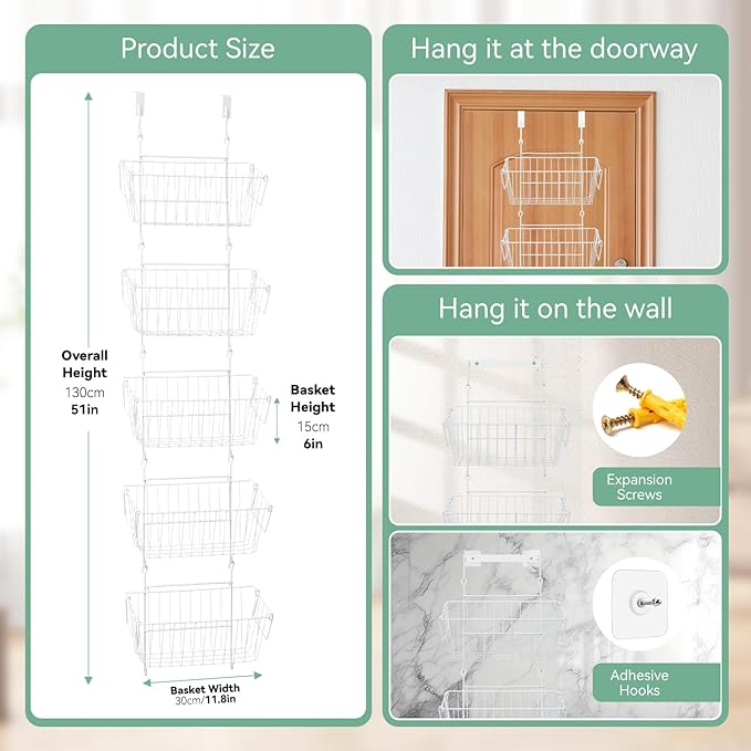 Over The Door Organizer – 5 Removable Hanging Baskets, Back of Door Storage for Bathroom, Kitchen, Pantry & Garage, No Tools Needed, 3 Installation Methods (Wall/Door Mount) White