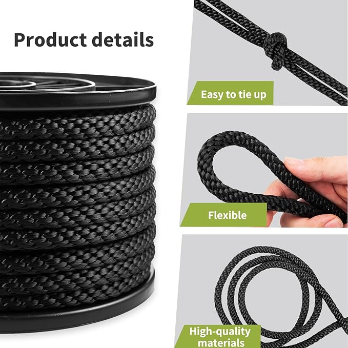 1/2 Inch 100FT Black Polyester Solid Braid Rope | High UV & Abrasion Resistance | Industrial Grade, Low Stretch | Multipurpose for Flag Poles, Clotheslines