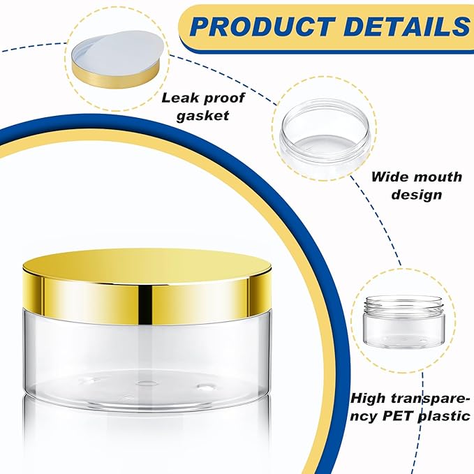 Dandat 24 Pcs 4 oz Plastic Jar Container with Lid and Label Refillable Empty Round Clear with Gold PET Cosmetic Sample Slime Containers for Lotion, Cream, Ointments, Body Butter, Makeup Travel Storage