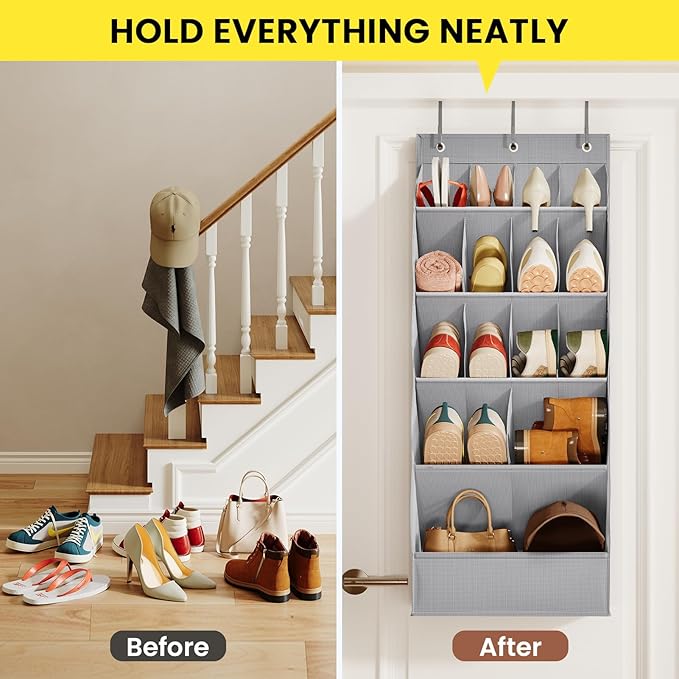 Over the Door Shoe Rack with Large Deep Pockets, Door Shoes Organizer for Closet, Hanging Boots Shoe Rack, Behind the Door Narrow Shoe Holder, Multiple Pockets for Flexible Storage, Grey ﻿