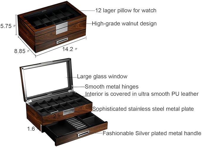 12 Slot Wooden Watch Box - Premium Walnut Men's Watch Display Case with Valet Drawer, Real Glass Window & Luxury Leather Interior