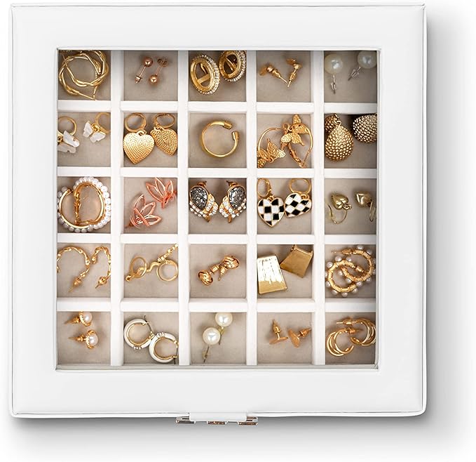 Glenor Co Earring Organizer - Classic 50 Section Jewelry Box/Case/Holder for Earrings, Rings, Necklaces, Jewelry, Cufflinks or Collections -2 Layer Small Compartments with Large Glass Top - White