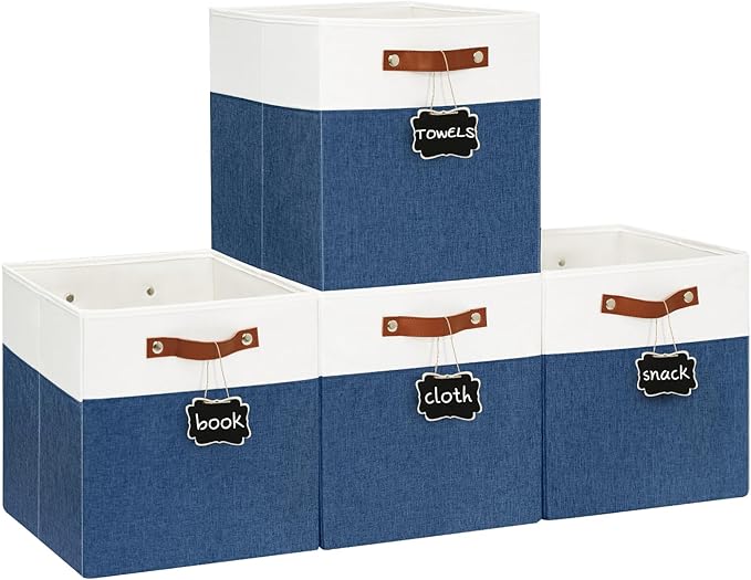 13x13 Storage Cubes 4-Pack, Large Foldable Fabric Cube Storage Bin with Reinforced Bottom and Labels, Organizer Baskets for Shelves, Closets(White/Blue)