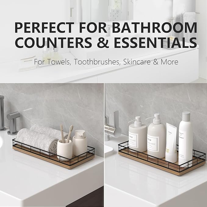 Toilet Paper Basket Organizer – Acacia Wood Toilet Tank Tray with Metal Frame, Back of Tank or Top Bathroom Counter Storage – Black & Acacia Modern Decor