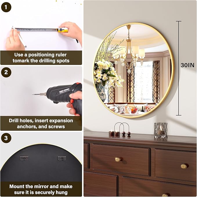 30 Inch Round Mirror - Circle Mirrors for Bathroom, Entryway and Living Room Wall Decor, Modern Hanging Vanity Mirror, Matte Gold Circle Decorative Wall Mirror