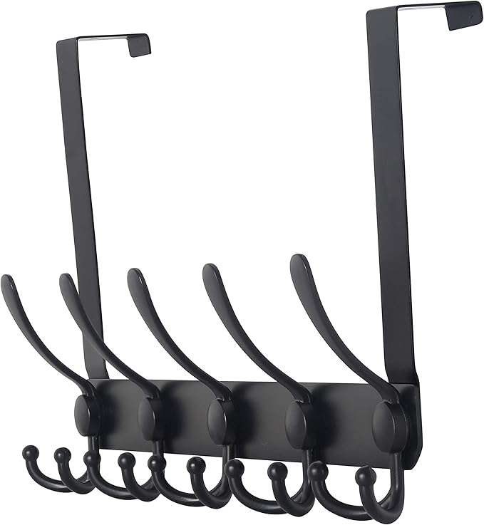 Dseap Over The Door Hook Hanger - Fits 1 3/8" to 1 3/4" Standard Doors | 5 Tri Hooks Heavy Duty Towel/Coat Rack | Door Organizer for Clothes, Jackets, Hats, Towels, Black