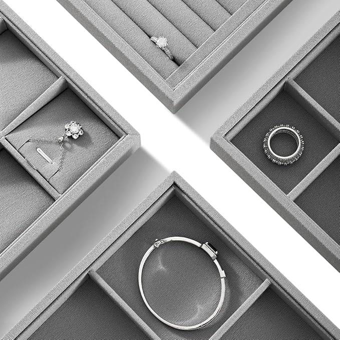 Linen 24 Grid Stackable Rings Earrings Display Tray, Brooch Ear Stud Cufflinks StorageTray, Jeweler Shop Counter Showcase Table Top Organizers, Makeup Table Drawer Insert Jewelry Tray