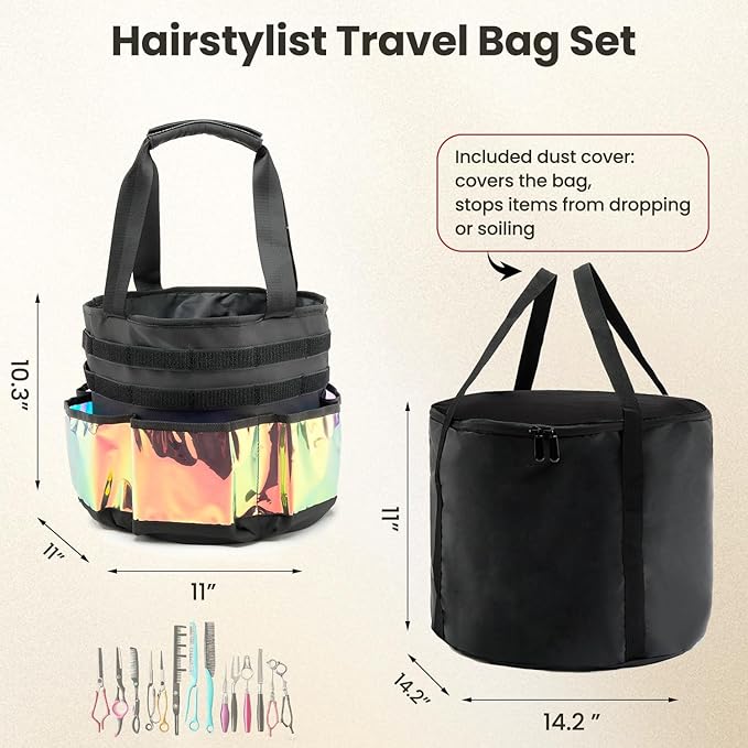 Hairstylist Travel Bag, with Dust Cover, 11L Large Capacity, Heat-Resistant Interior, Iridescent Pockets, DIY Velcro Straps, Top Drawstring, Bathroom Cleaning/Pet Grooming Supplies Organizer